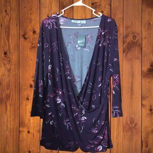 Avenue Studio Women's Plus 22/24 Plum Midnight Floral Pullover Blouse 3/4 Sleeve